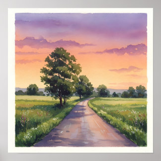 Country Road at Sunset -Rustic Countryside Farmhou Poster