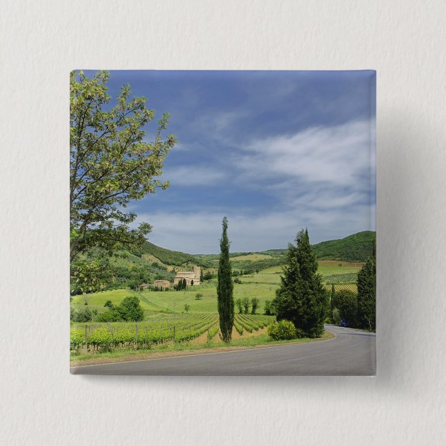 Country road curving between cypress trees in 15 cm square badge (Front)