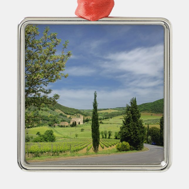Country road curving between cypress trees in metal ornament (Front)