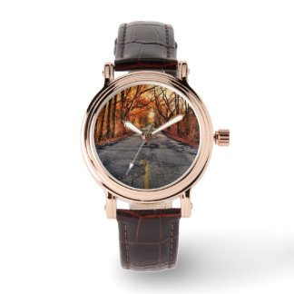 Country Road in Fall Brown Leather Watch