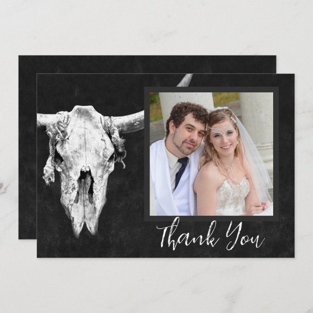Country Rodeo Western Black White Bull Skull Photo Thank You Card (Front/Back)