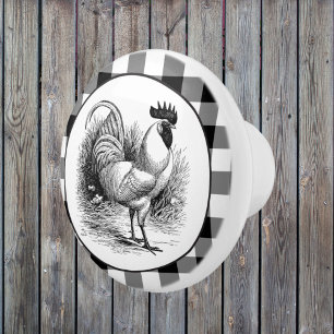 Country Rooster black white check knob