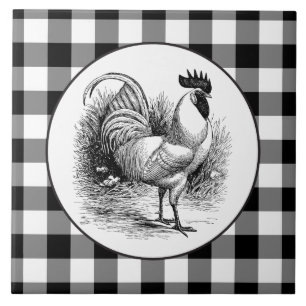 Country Rooster black white checks tile