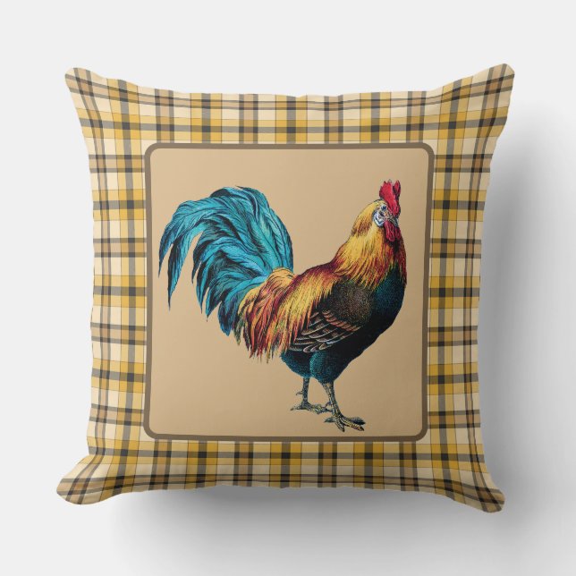 Country Rooster Brown Plaid Cushion (Front)