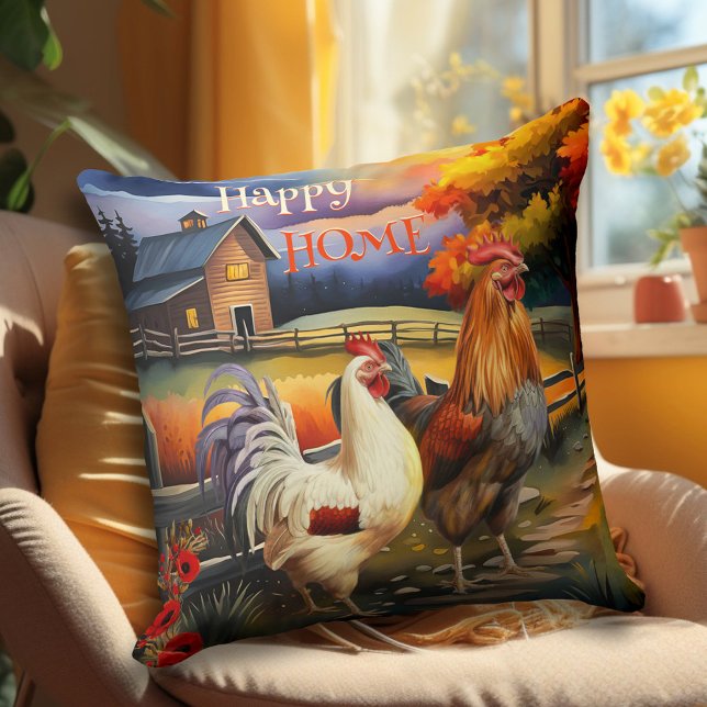 Country Rooster Chicken Farm Art Cushion (Pillow showing a colorful painting of a rooster and chicken in a country scene with a farmhouse)