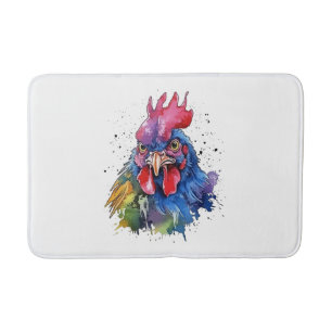 Country Rooster Chicken Watercolor Style Bath Mat