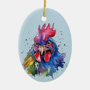Country Rooster Chicken Watercolor Style Ceramic Ornament