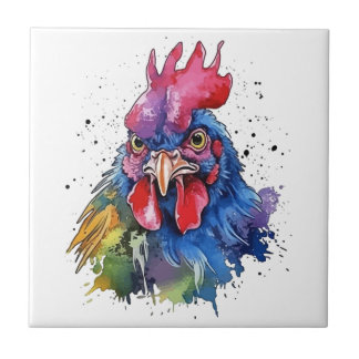 Country Rooster Chicken Watercolor Style Ceramic Tile