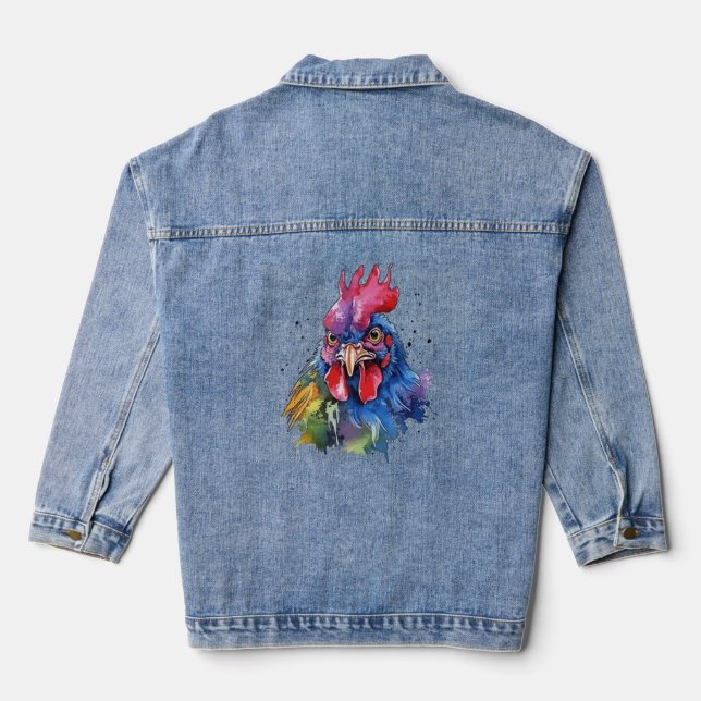 Country Rooster Chicken Watercolor Style Denim Jacket (Back)