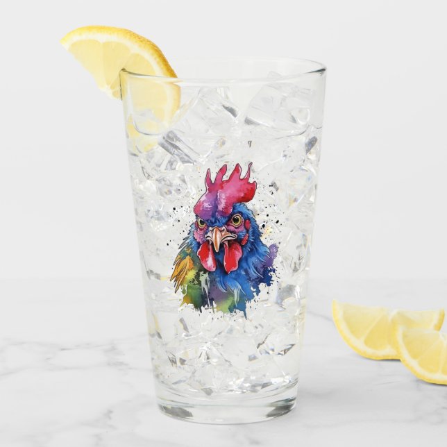 Country Rooster Chicken Watercolor Style Glass (Front Ice)