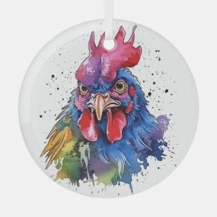 Country Rooster Chicken Watercolor Style Glass Tree Decoration