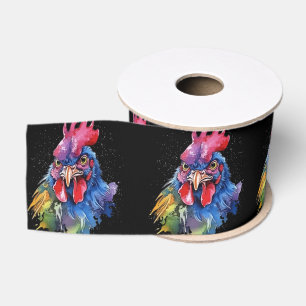 Country Rooster Chicken Watercolor Style Grosgrain Ribbon
