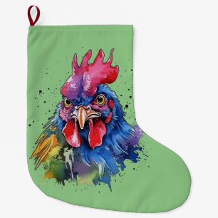 Country Rooster Chicken Watercolor Style Large Christmas Stocking