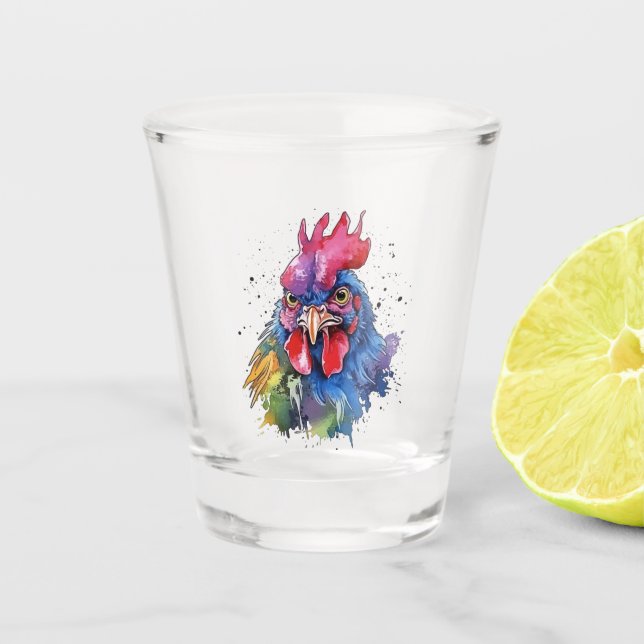 Country Rooster Chicken Watercolor Style Shot Glass (Front)