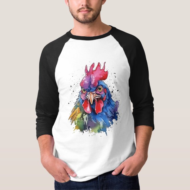 Country Rooster Chicken Watercolor Style T-Shirt (Front)