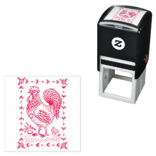 COUNTRY ROOSTER, EGG & CHICK FOLK ART BORDER nice Self-inking Stamp