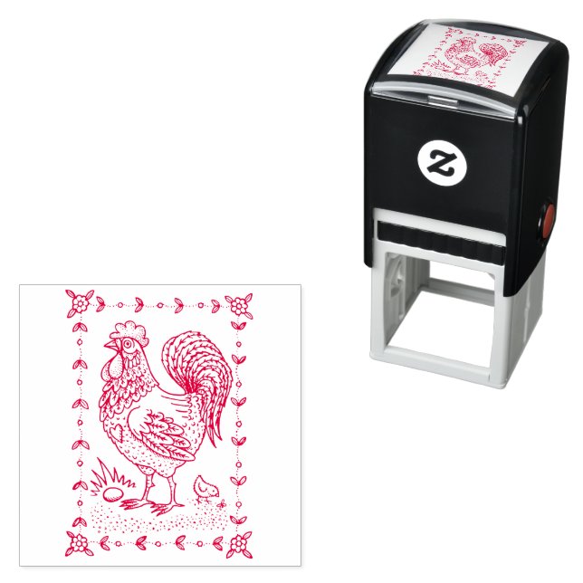COUNTRY ROOSTER, EGG & CHICK FOLK ART BORDER nice Self-inking Stamp (In Situ)