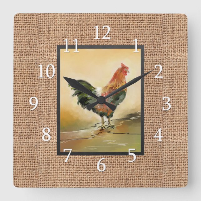 Country Rooster On Rustic Burlap Square Wall Clock (Front)