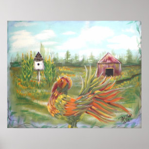 Country Rooster on the Farm Painting Poster