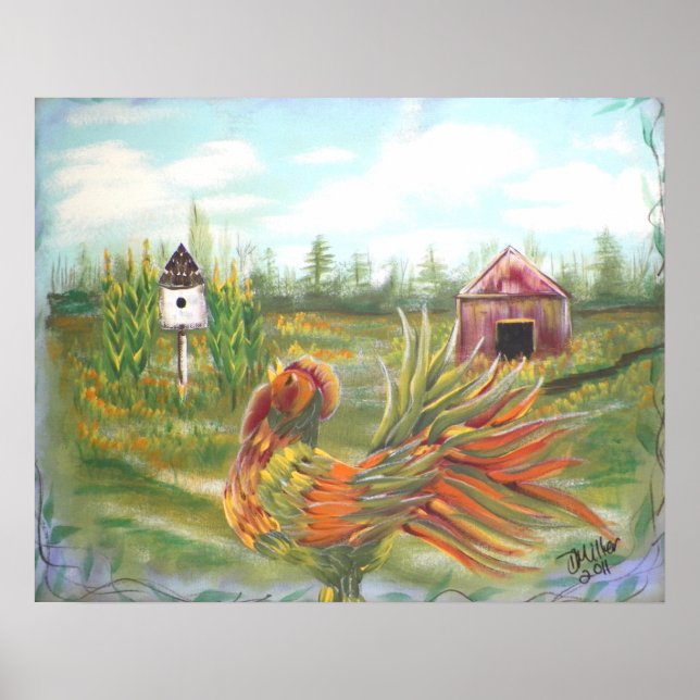 Country Rooster on the Farm Painting Poster (Front)