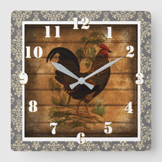 Country Rooster Ornate Rustic and Elegant Damask Square Wall Clock (Front)