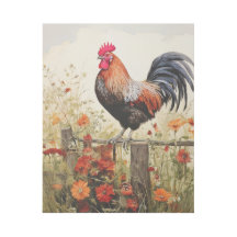 Country Rooster Standing on Fence and Wildflowers
