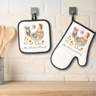 Country Rooster Watercolor Family Monogram Oven Mitt & Pot Holder Set