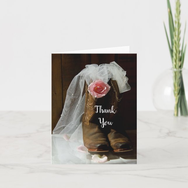 Country Rose and Cowboy Boots Wedding Thank You Card (Front)