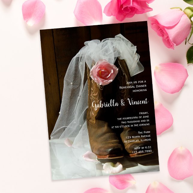 Country Rose Cowboy Boots Western Rehearsal Dinner Invitation (Creator Uploaded)