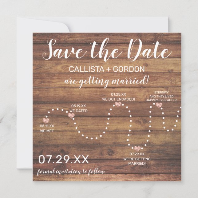 Country Rose Gold Rustic Wood Timeline Wedding Save The Date (Front)