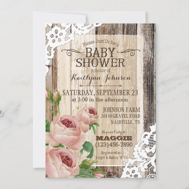 Country Roses and Rustic Wood Baby Shower Invitation (Front)