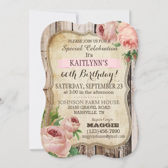 Country Roses and Rustic Wood Birthday Invite (Front)