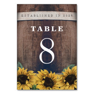 Country Rustic Barrel Vintage Sunflower Wedding Table Number