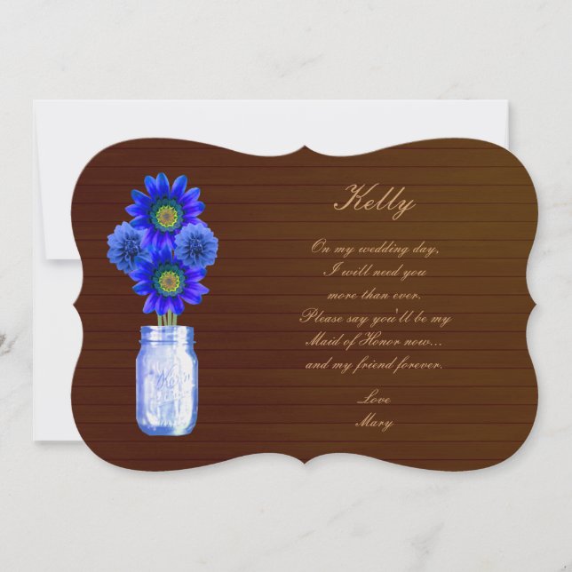 Country Rustic Blue Mason Jar Maid Of Honour Card (Front)