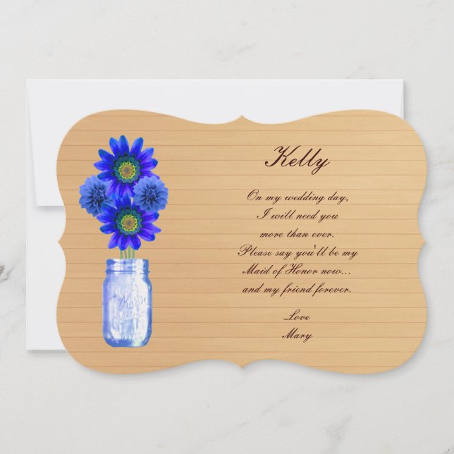 Country Rustic Blue Mason Jar Maid Of Honour Card (Front)