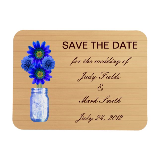 Country Rustic Blue Mason Jar Save The Date Magnet (Horizontal)