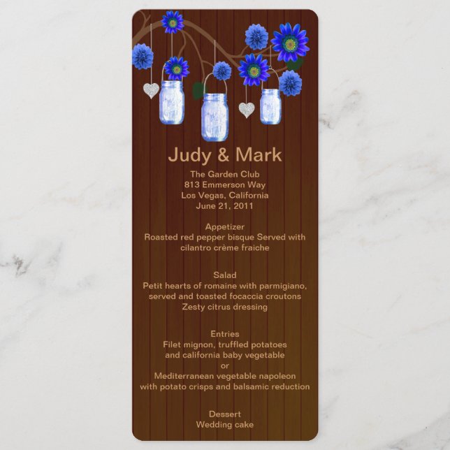Country Rustic Blue Mason Jars Wedding Menu Card (Front)