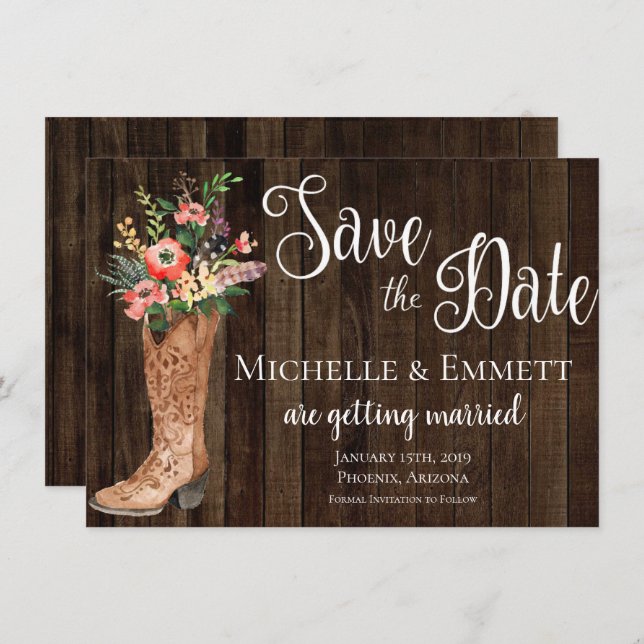 Country Rustic Boot Western Save the Date Card (Front/Back)
