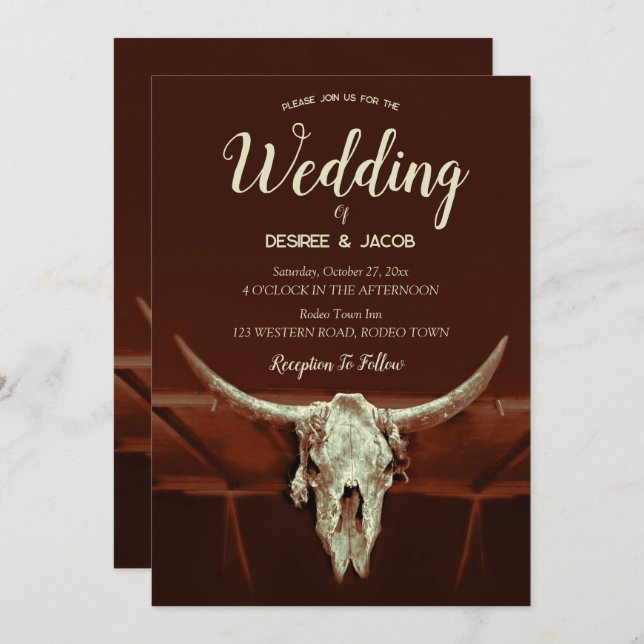 Country Rustic Brown Western Bull Skull Invitation (Front/Back)
