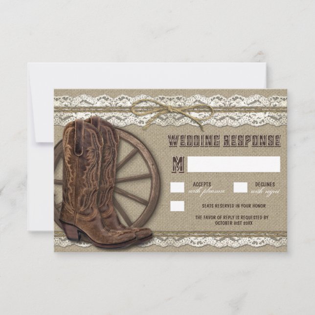 Country Rustic Burlap and Lace Wedding RSVP Cards (Front)