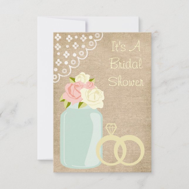 Country Rustic Burlap Lace Mason Jar Bridal Shower Invitation (Front)