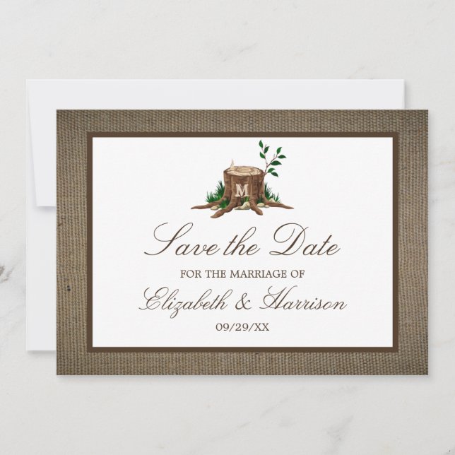 Country Rustic Burlap Monogram Tree Save The Date (Front)