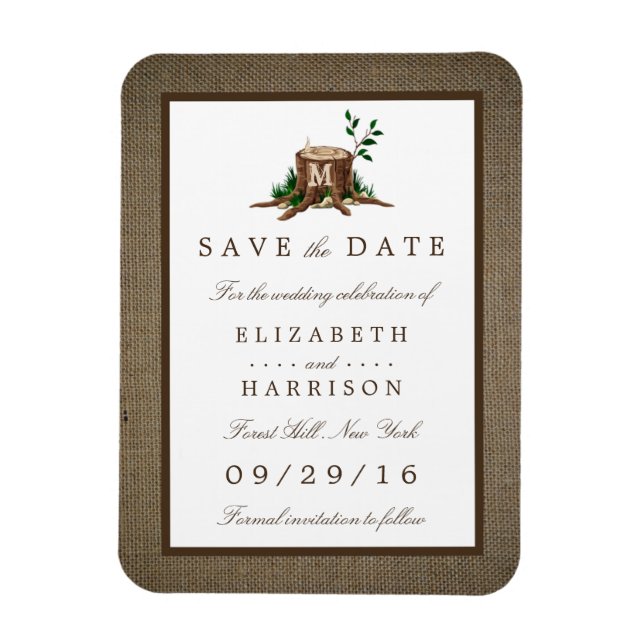 Country Rustic Burlap Monogram Tree Save The Date Magnet (Vertical)