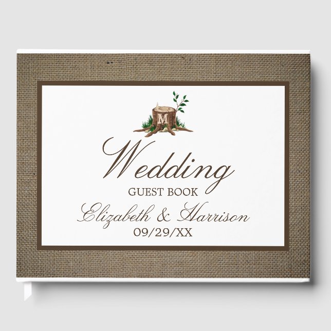 Country Rustic Burlap Monogram Tree Wedding Guest Book (Front)