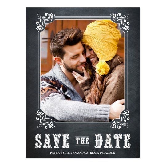 COUNTRY RUSTIC CHALKBOARD SAVE THE DATE POSTCARD