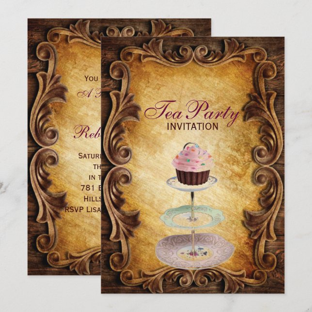 country rustic cupcake bridal shower tea party invitation (Front/Back)
