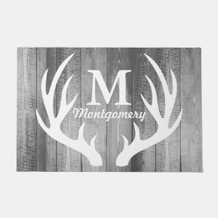 Country Rustic Deer Antlers Grey Wood Planks Doormat