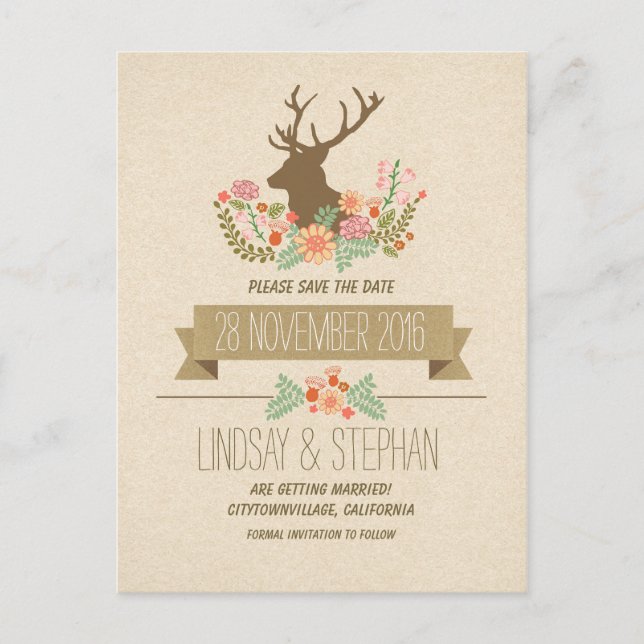Country rustic deer antlers save the date postcard (Front)