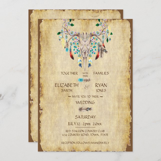 Country Rustic, Deer Skull, Feathers, Wedding Invitation (Front/Back)
