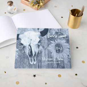 Country Rustic Dusty Blue Sunflowers Bull Skull Guest Book
